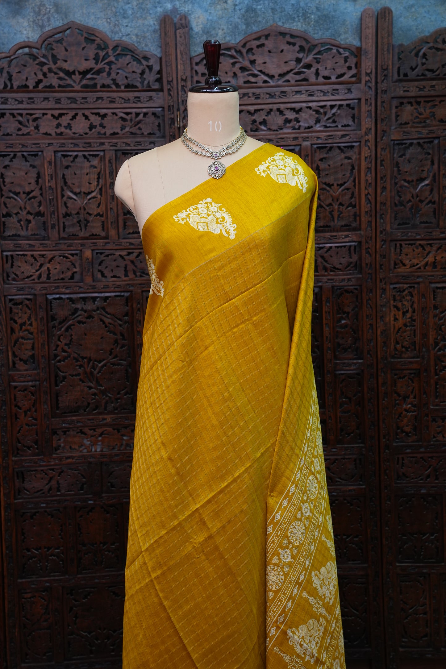 Semi Tussar Saree with Checkered Body & Elephant Motifs – Mustard Yellow