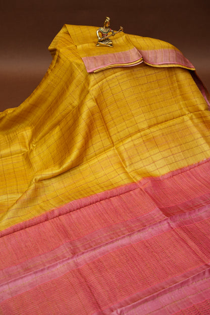 Pure Tussar Silk Saree with Handpainted Blouse-Yellow|Silk Mark Certified