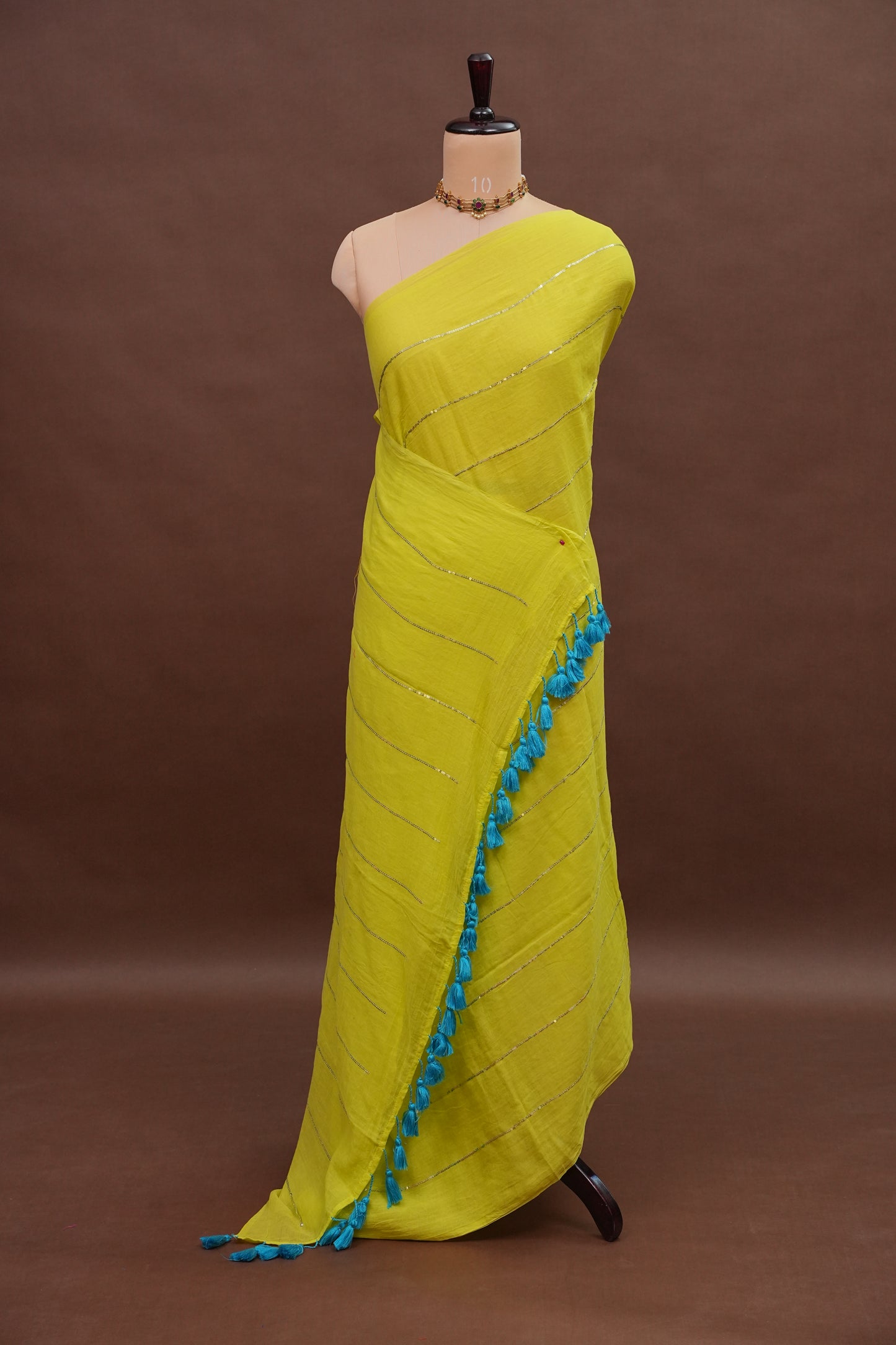 Mulmul Cotton Saree with Tassels - Parrot Green
