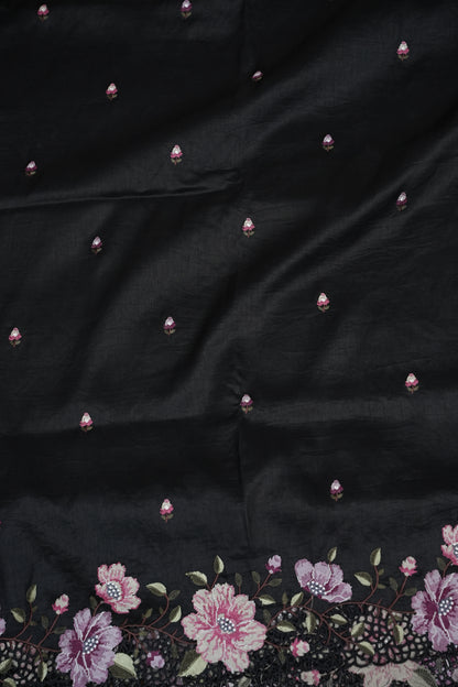 Party Wear Embroidered Soft Organza Saree – Classic Black Floral Elegance