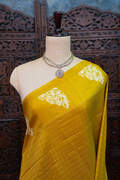 Semi Tussar Saree with Checkered Body & Elephant Motifs – Mustard Yellow