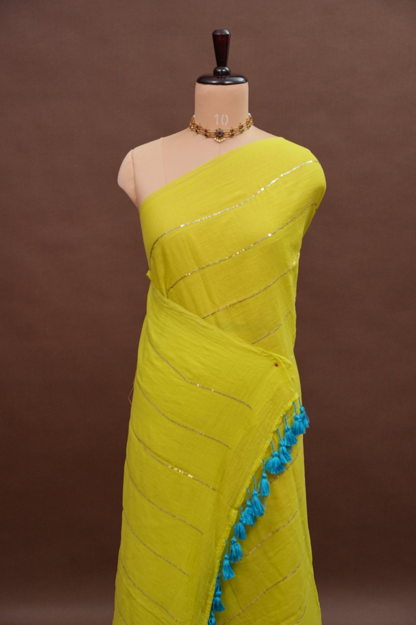 Mulmul Cotton Saree with Tassels - Parrot Green