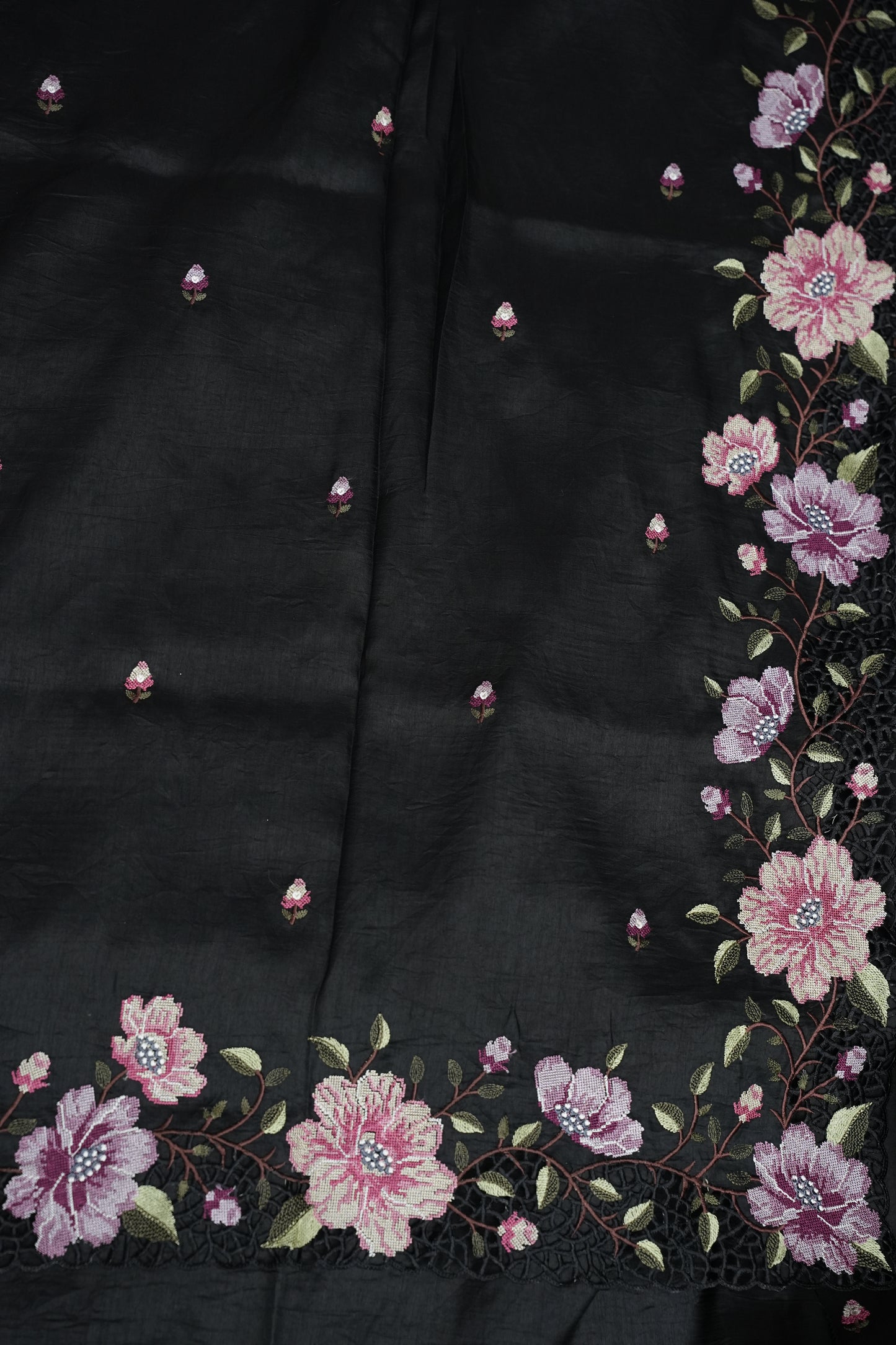 Party Wear Embroidered Soft Organza Saree – Classic Black Floral Elegance