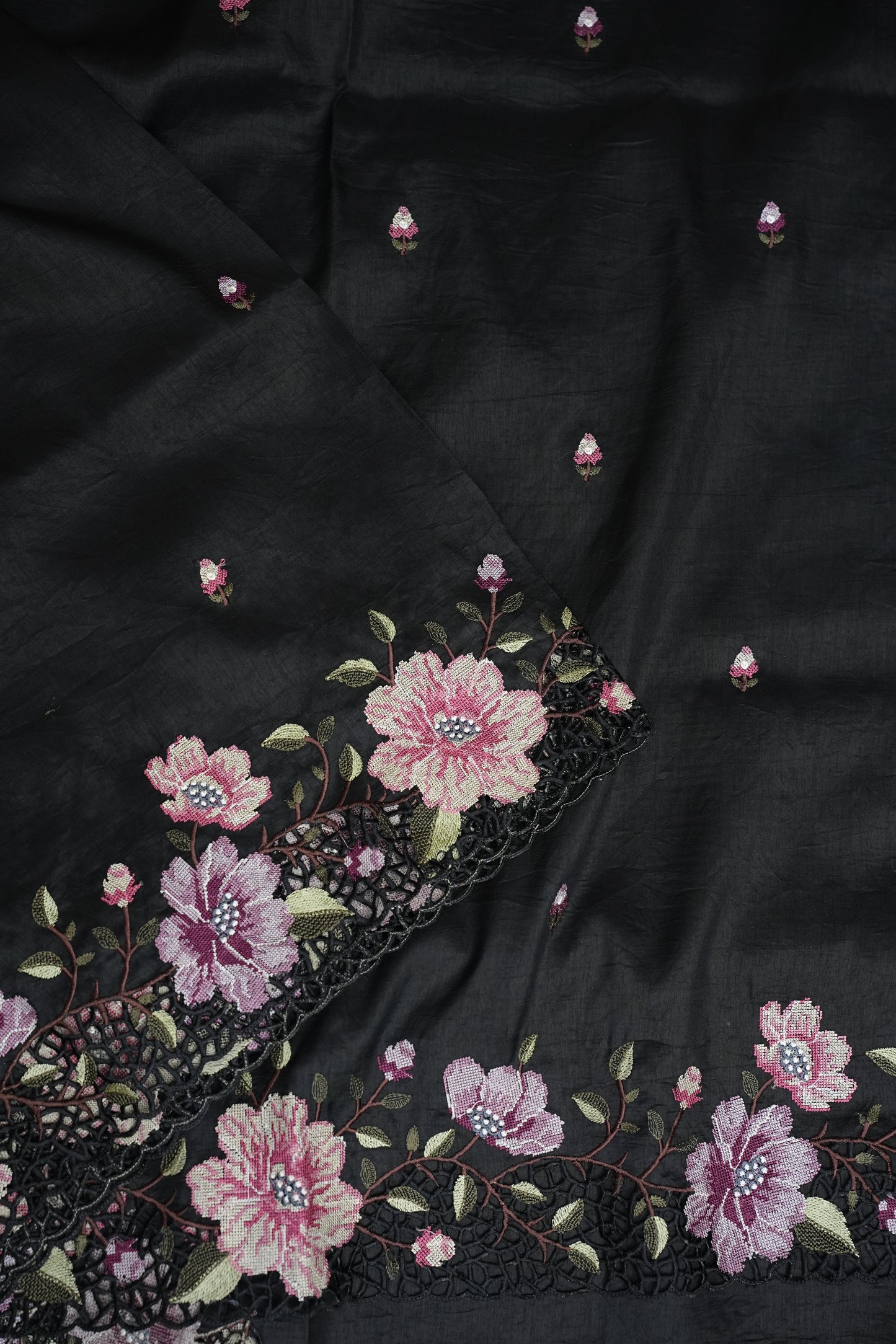 Party Wear Embroidered Soft Organza Saree – Classic Black Floral Elegance