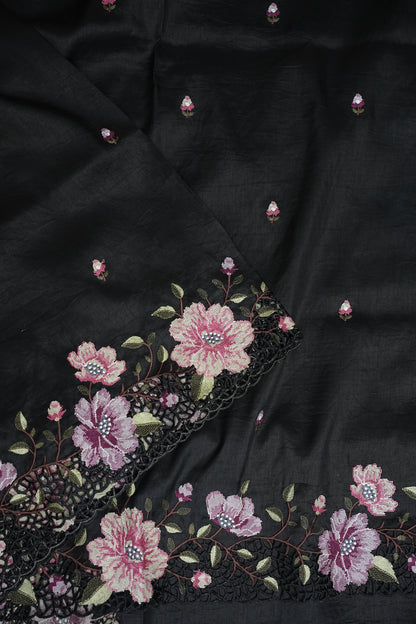 Party Wear Embroidered Soft Organza Saree – Classic Black Floral Elegance