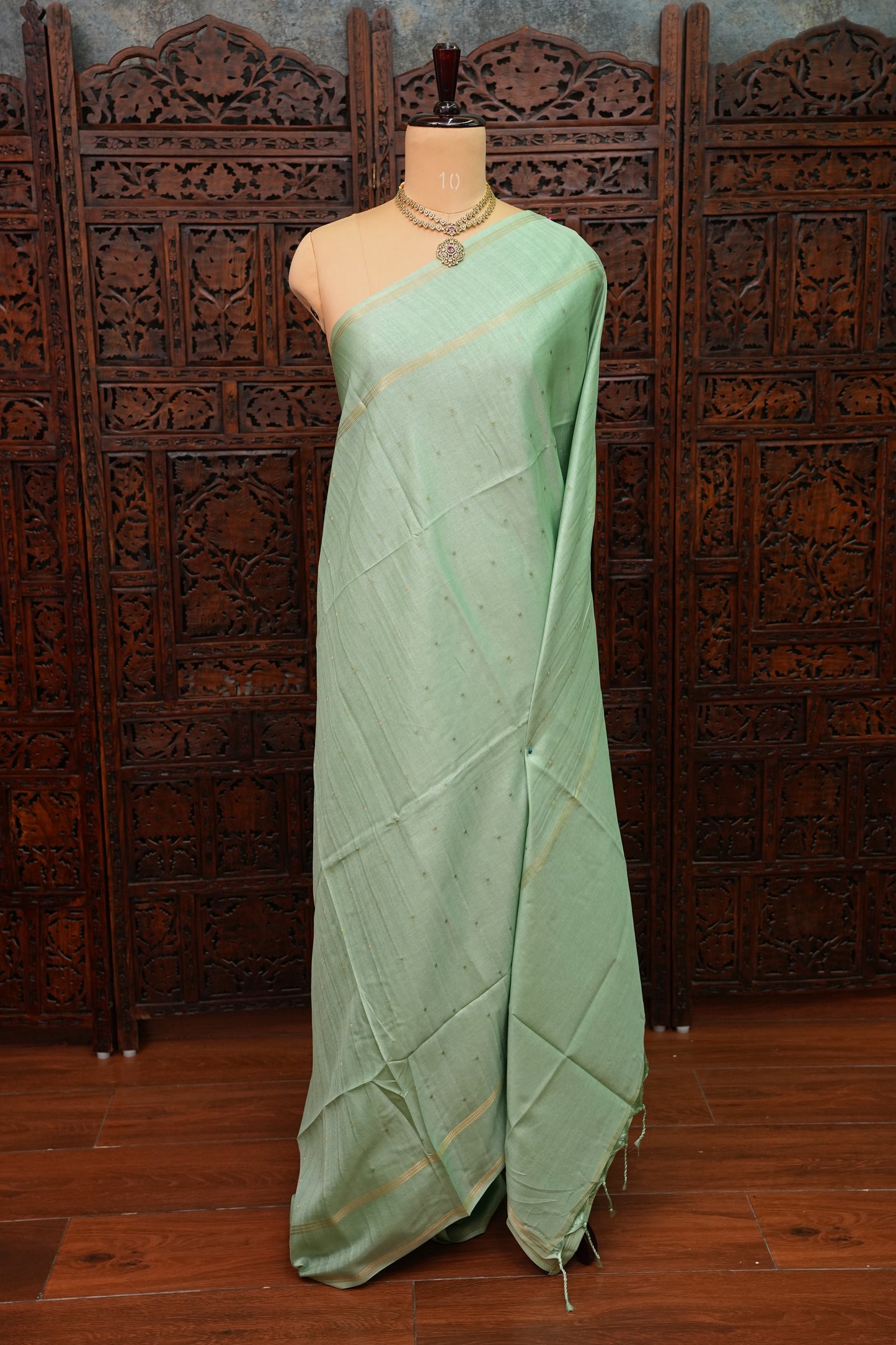 Semi Tussar Saree with Traditional Gap Border – Mint Green