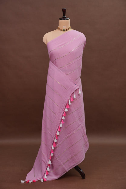 Mulmul Cotton Saree with Tassels - Baby Pink
