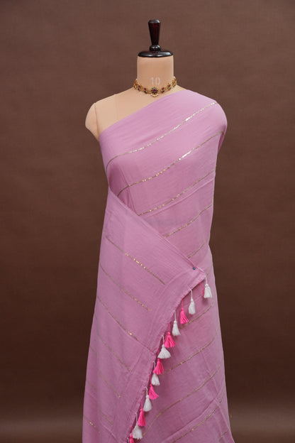 Mulmul Cotton Saree with Tassels - Baby Pink