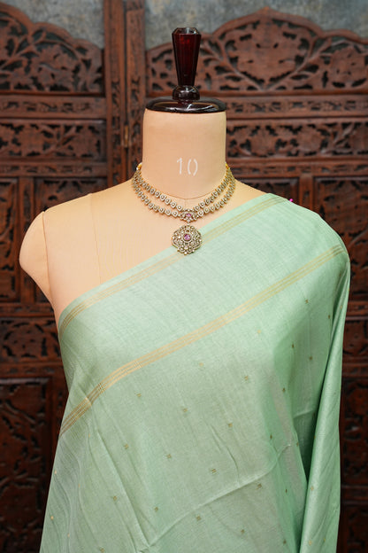 Semi Tussar Saree with Traditional Gap Border – Mint Green