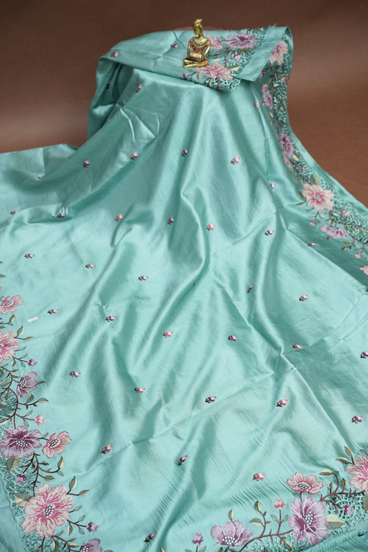 Party Wear Embroidered Soft Organza Saree– Aqua Mint Floral Elegance
