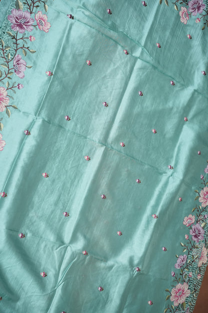 Party Wear Embroidered Soft Organza Saree– Aqua Mint Floral Elegance