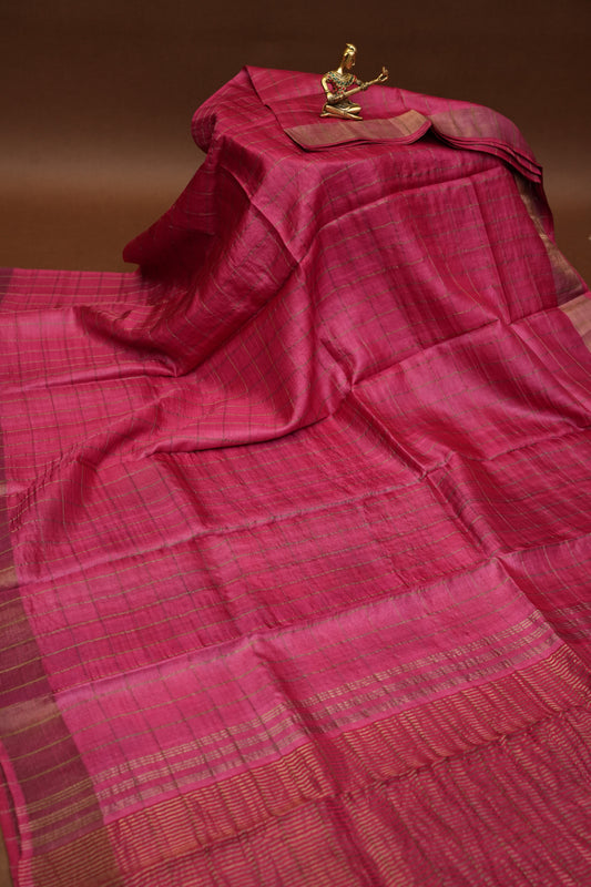 Pure Tussar Silk Saree with Handpainted Blouse-Pink