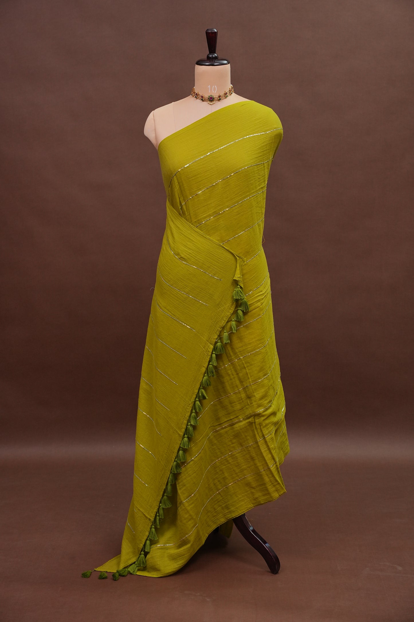 Mulmul Cotton Saree with Tassels - Green