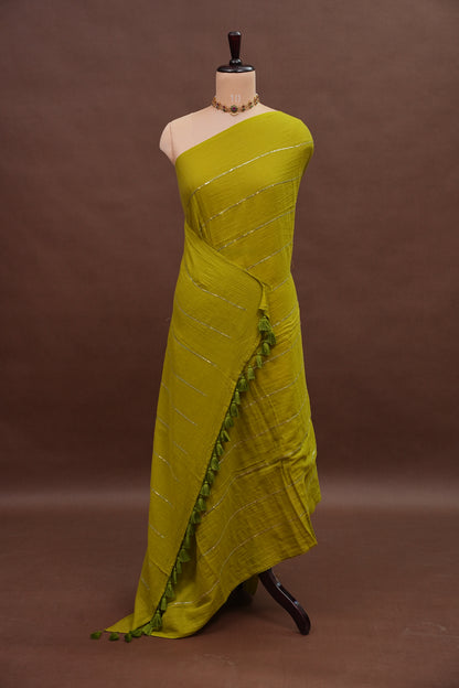 Mulmul Cotton Saree with Tassels - Green
