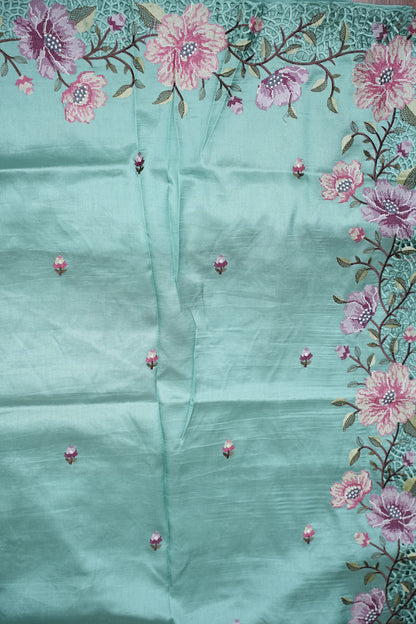 Party Wear Embroidered Soft Organza Saree– Aqua Mint Floral Elegance