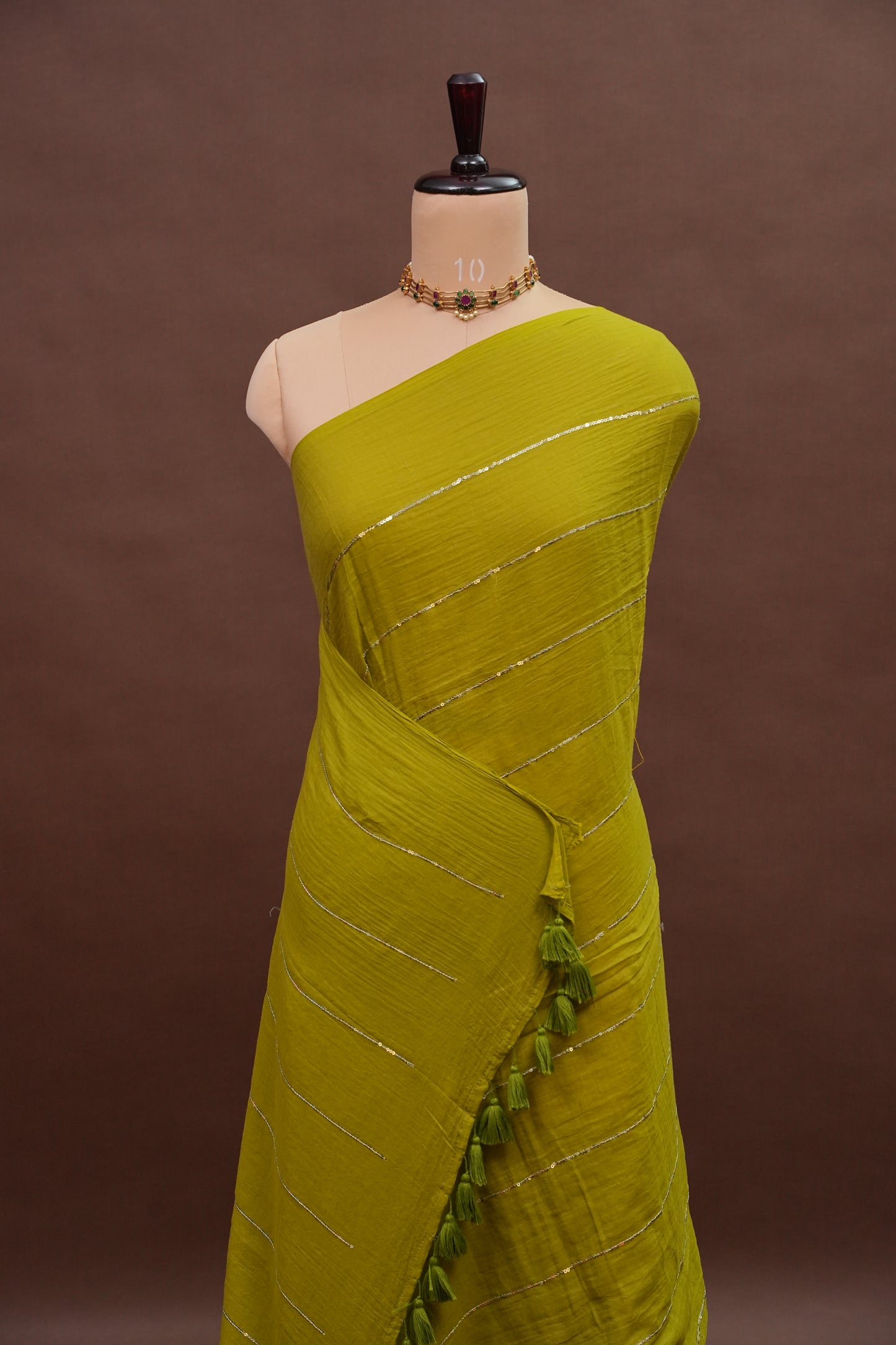 Mulmul Cotton Saree with Tassels - Green