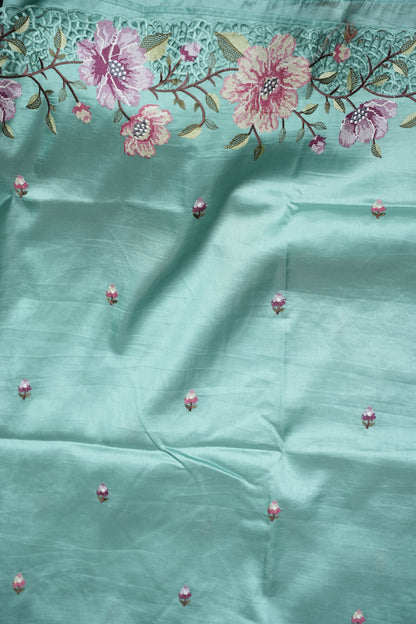 Party Wear Embroidered Soft Organza Saree– Aqua Mint Floral Elegance
