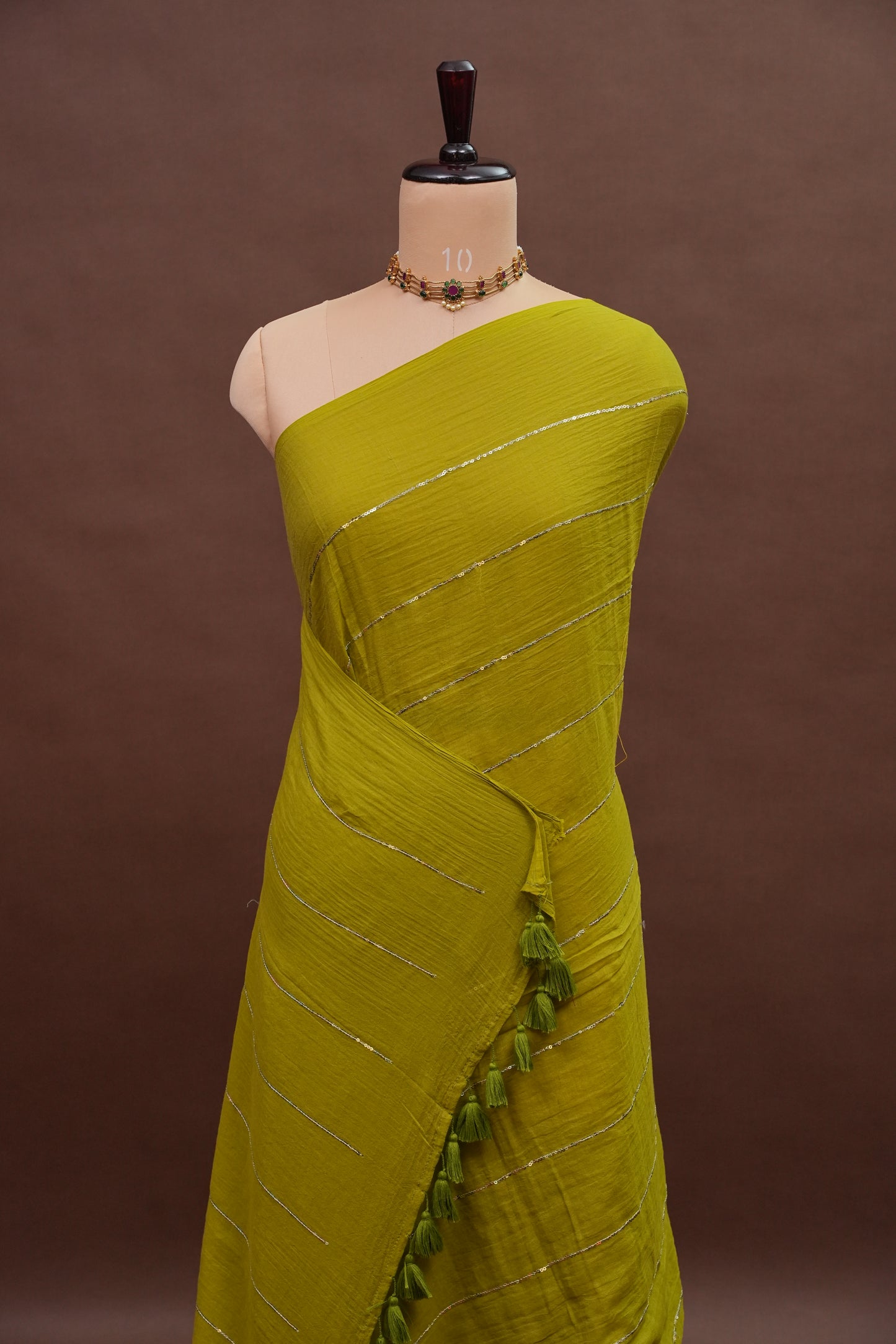 Mulmul Cotton Saree with Tassels - Green