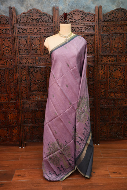 Semi Tussar Saree with Digital Warli Print & Piping Border – Dusty Mauve