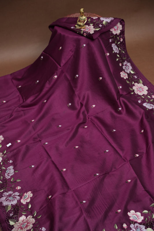 Party Wear Embroidered Soft Organza Saree – Wine Floral Elegance