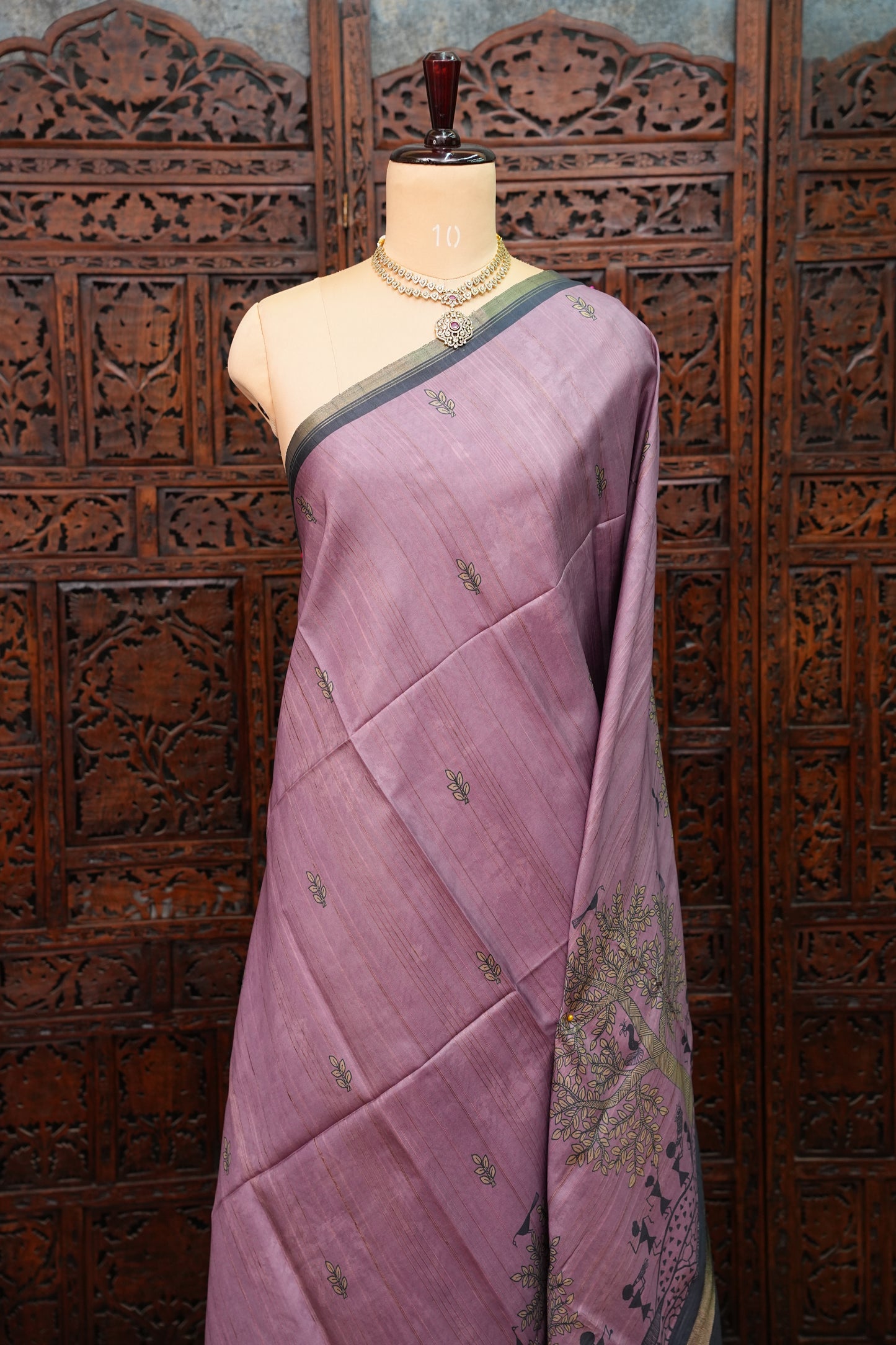 Semi Tussar Saree with Digital Warli Print & Piping Border – Dusty Mauve