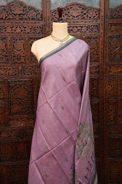 Semi Tussar Saree with Digital Warli Print & Piping Border – Dusty Mauve