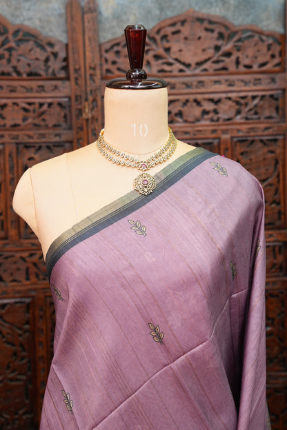 Semi Tussar Saree with Digital Warli Print & Piping Border – Dusty Mauve