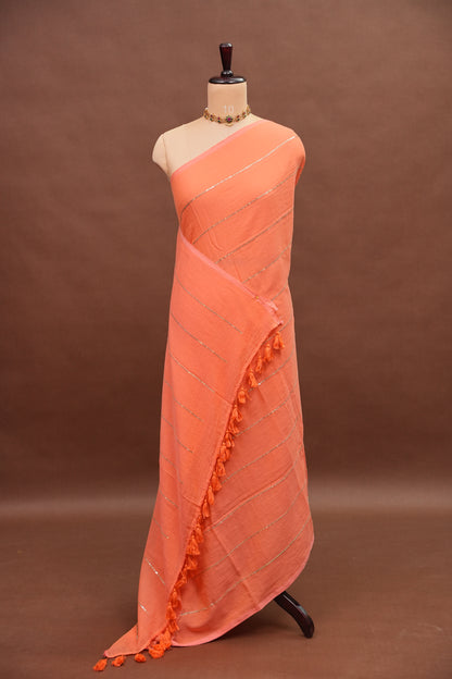 Mulmul Cotton Saree with Tassels - Peach Orange