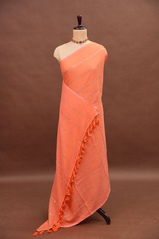 Mulmul Cotton Saree with Tassels - Peach Orange