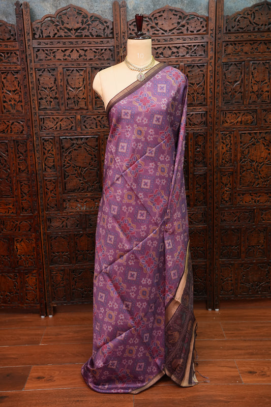 Semi Tussar Saree with Digital Patola Print & Piping Border – Mauve Purple