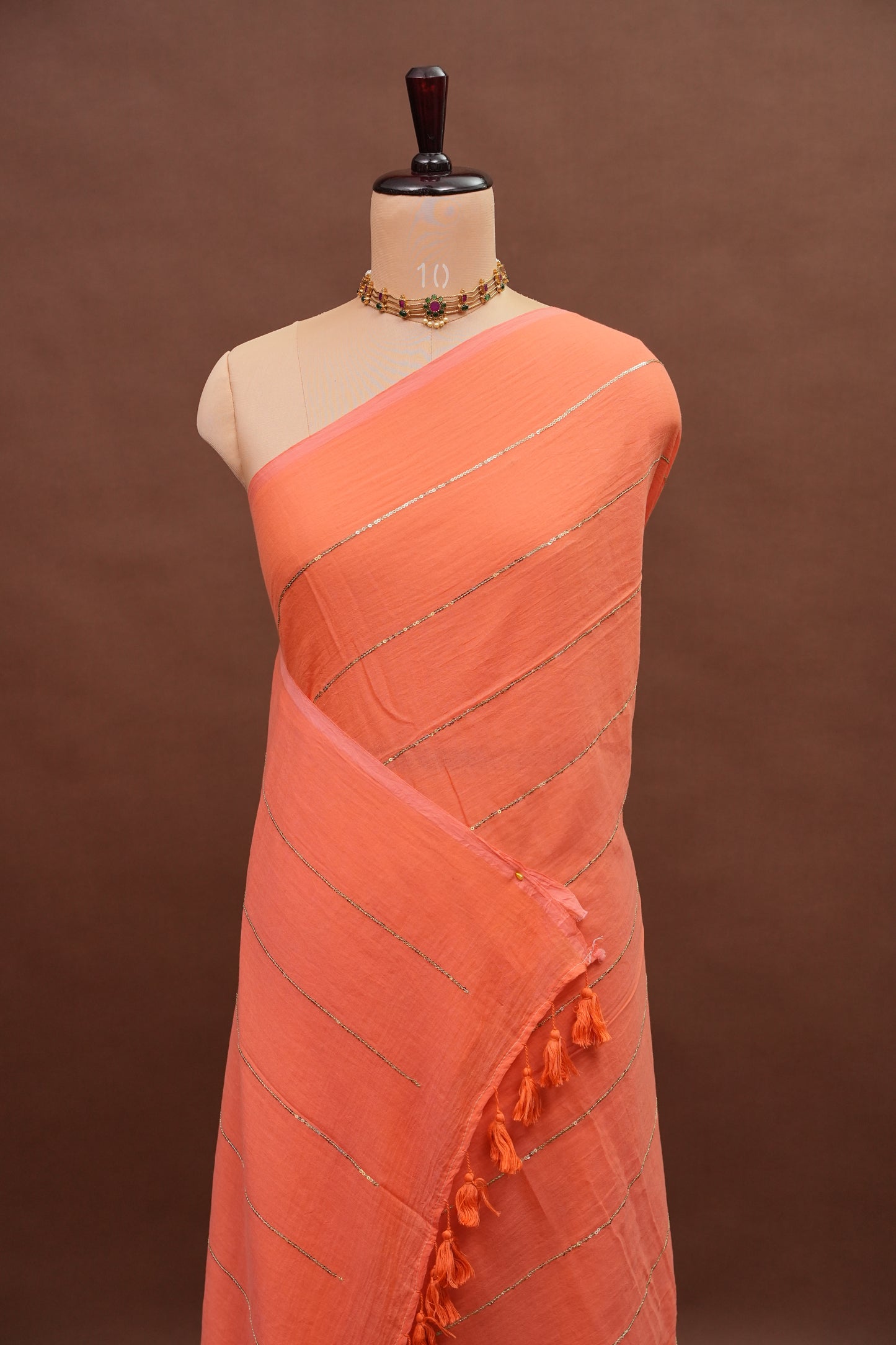 Mulmul Cotton Saree with Tassels - Peach Orange