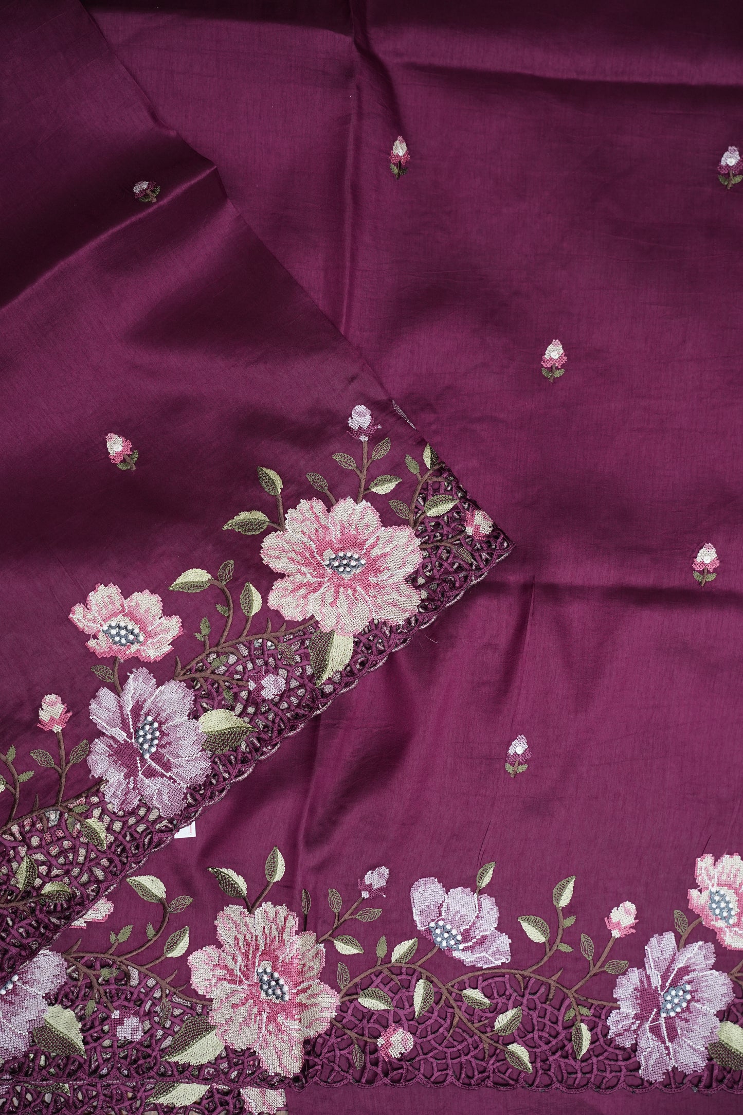 Party Wear Embroidered Soft Organza Saree – Wine Floral Elegance