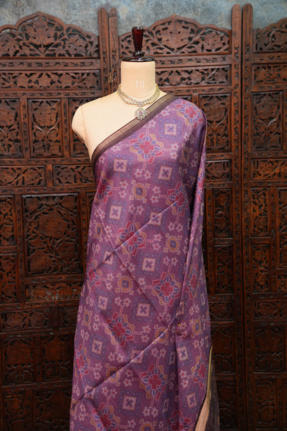 Semi Tussar Saree with Digital Patola Print & Piping Border – Mauve Purple