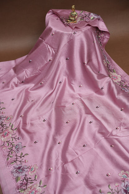Party Wear Embroidered Soft Organza Saree – Pink Floral Elegance