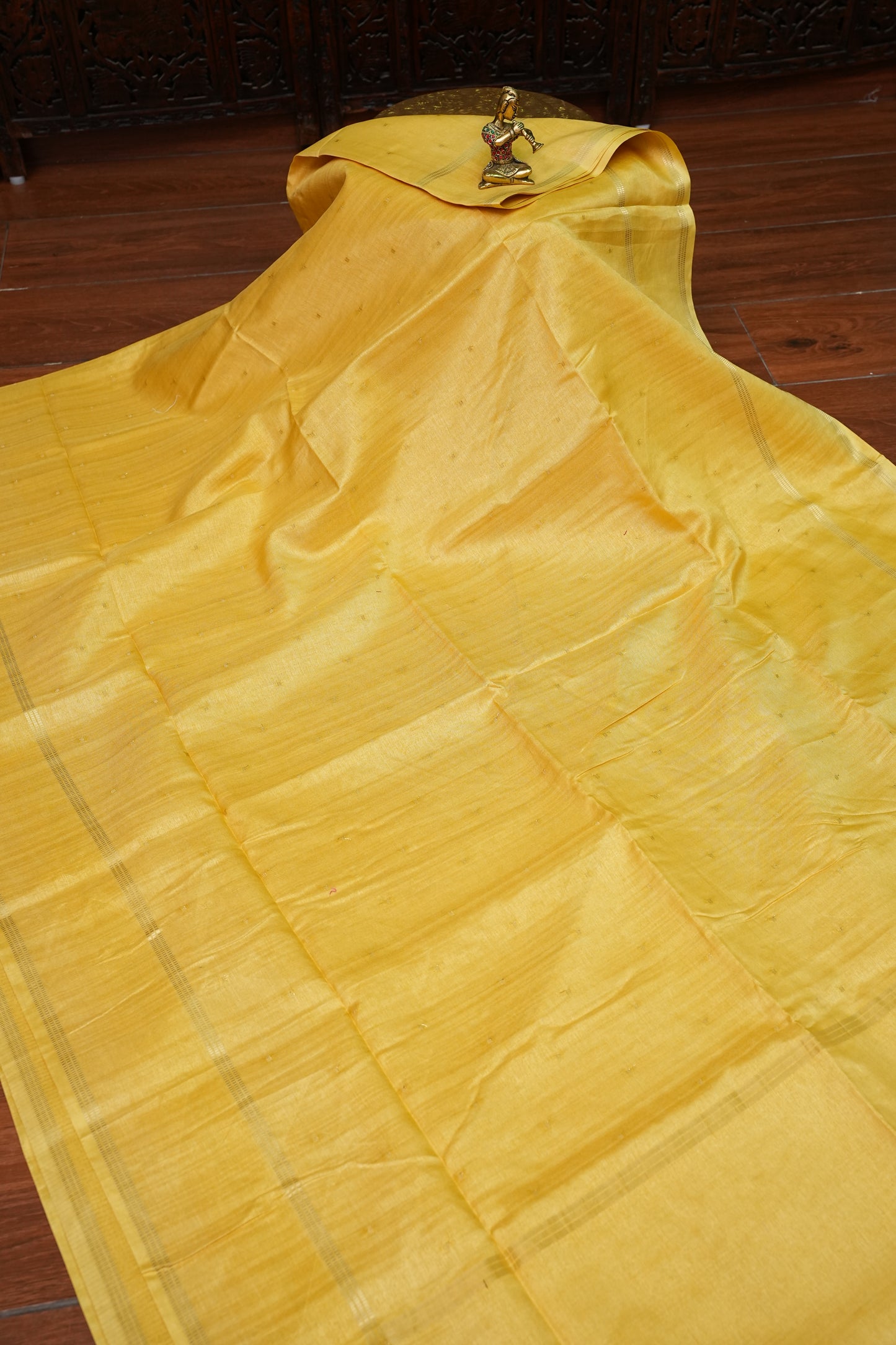 Semi Tussar Silk Saree with Traditional Gap Border – Mustard Yellow