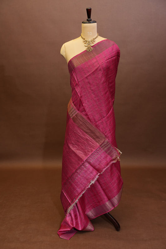 Pure Tussar Silk Saree with Handpainted Blouse-Pink