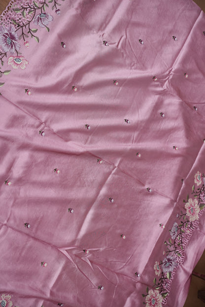 Party Wear Embroidered Soft Organza Saree – Pink Floral Elegance