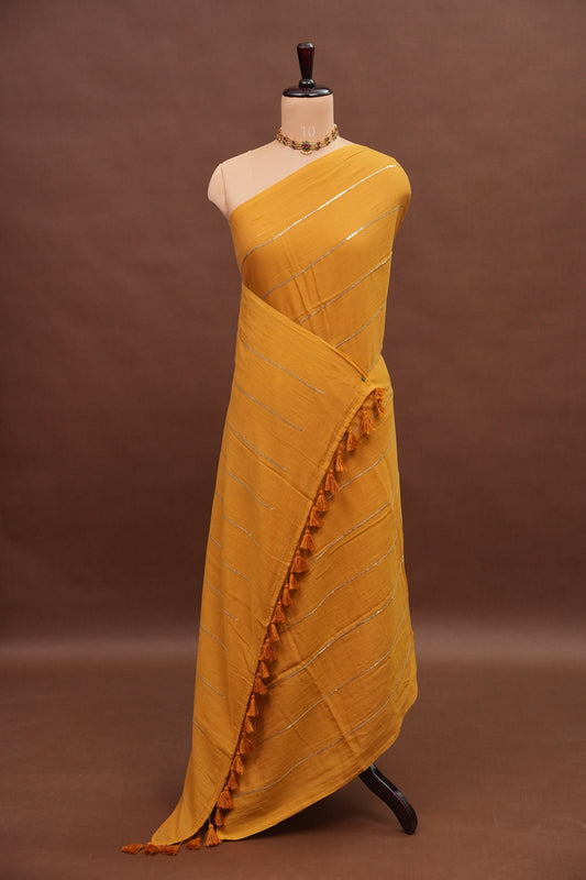 Mulmul Cotton Saree with Tassels - Mustard Yellow