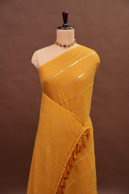 Mulmul Cotton Saree with Tassels - Mustard Yellow