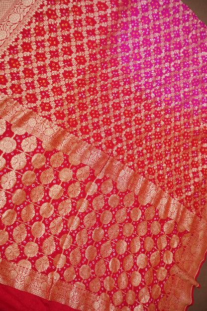 Red & Hot Pink Ombre-Pure Georgette Handloom Banaras Neem Zari Bandhej Saree.