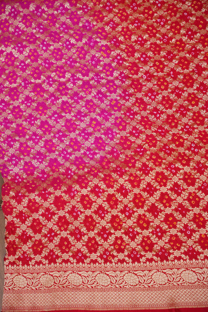 Red & Hot Pink Ombre-Pure Georgette Handloom Banaras Neem Zari Bandhej Saree.