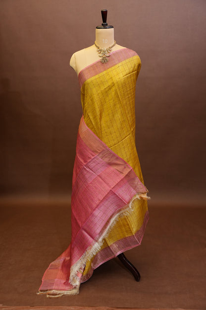 Pure Tussar Silk Saree with Handpainted Blouse-Yellow|Silk Mark Certified