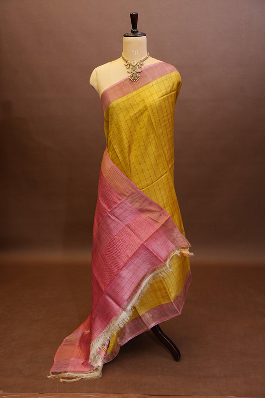 Pure Tussar Silk Saree with Handpainted Blouse-Yellow