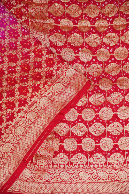 Red & Hot Pink Ombre-Pure Georgette Handloom Banaras Neem Zari Bandhej Saree.