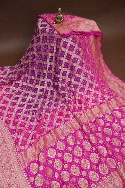 Purple & Hot Pink Ombre-Pure Georgette Handloom Banaras Neem Zari Bandhej Saree.