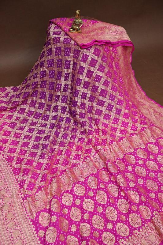 Purple & Hot Pink Ombre-Pure Georgette Handloom Banaras Neem Zari Bandhej Saree.