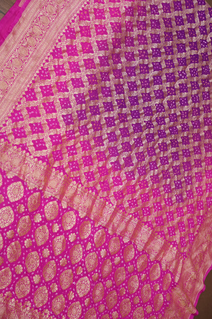 Purple & Hot Pink Ombre-Pure Georgette Handloom Banaras Neem Zari Bandhej Saree.