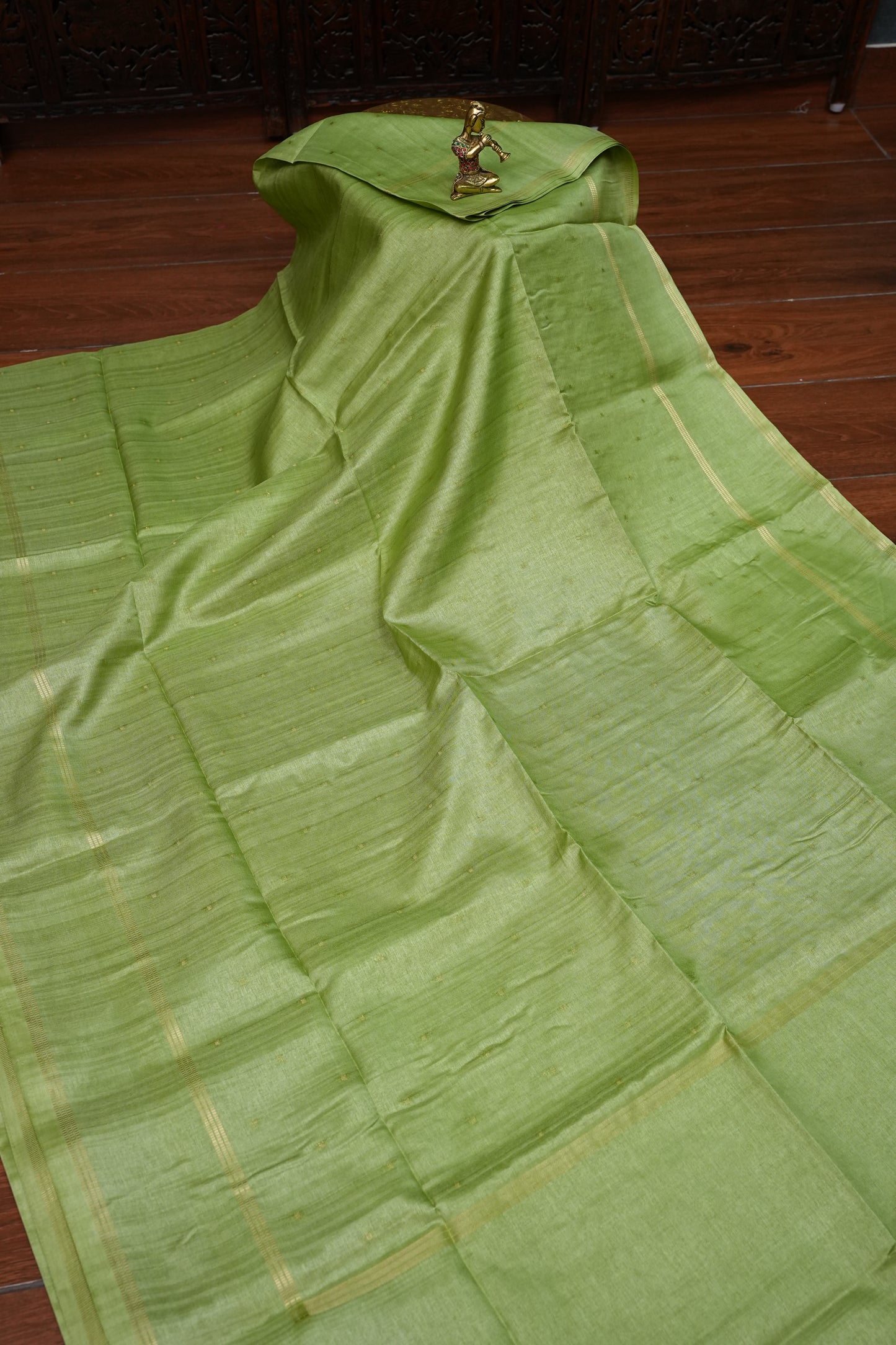 Semi Tussar Silk Saree with Traditional Gap Border – Pista Green