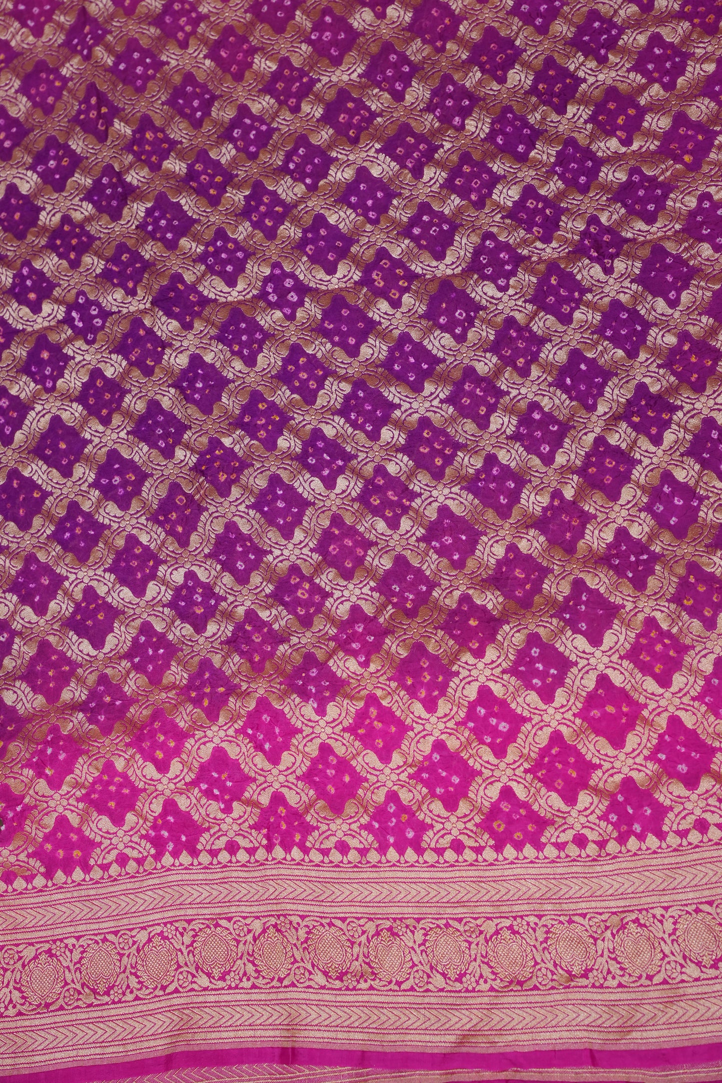 Purple & Hot Pink Ombre-Pure Georgette Handloom Banaras Neem Zari Bandhej Saree.