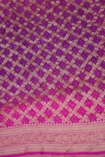 Purple & Hot Pink Ombre-Pure Georgette Handloom Banaras Neem Zari Bandhej Saree.